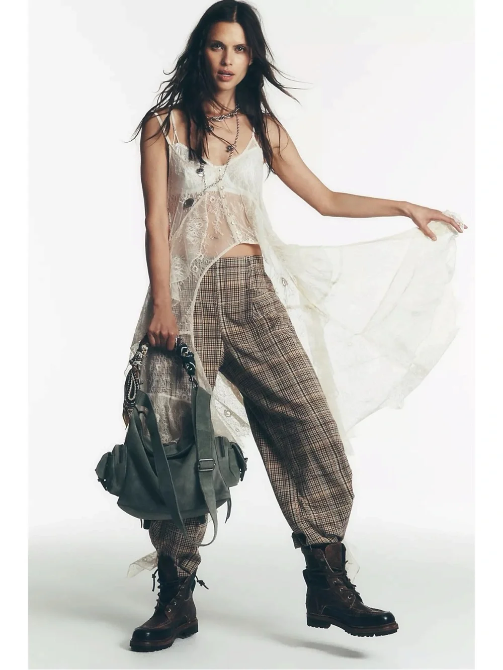 Free People Grunge 90s Bohemian Nice Choice Plaid Pull On Barrel Pants Large NWT